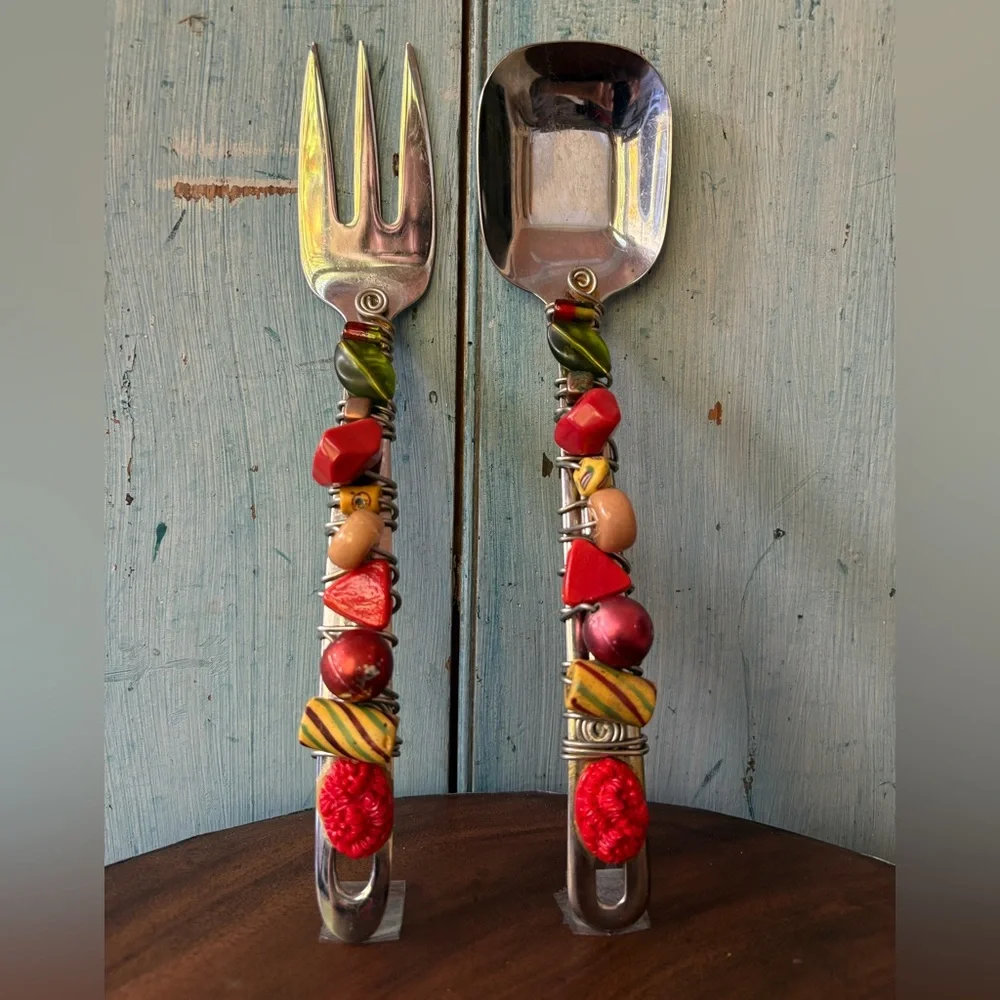 Handcrafted Beaded Serving Set - Orange, Gold, Red and Green - Picture 4 of 7